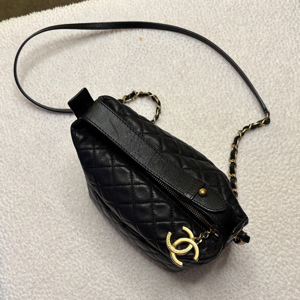 Chanel Black Quilted Mini Hobo Crossbody with Gold Accent